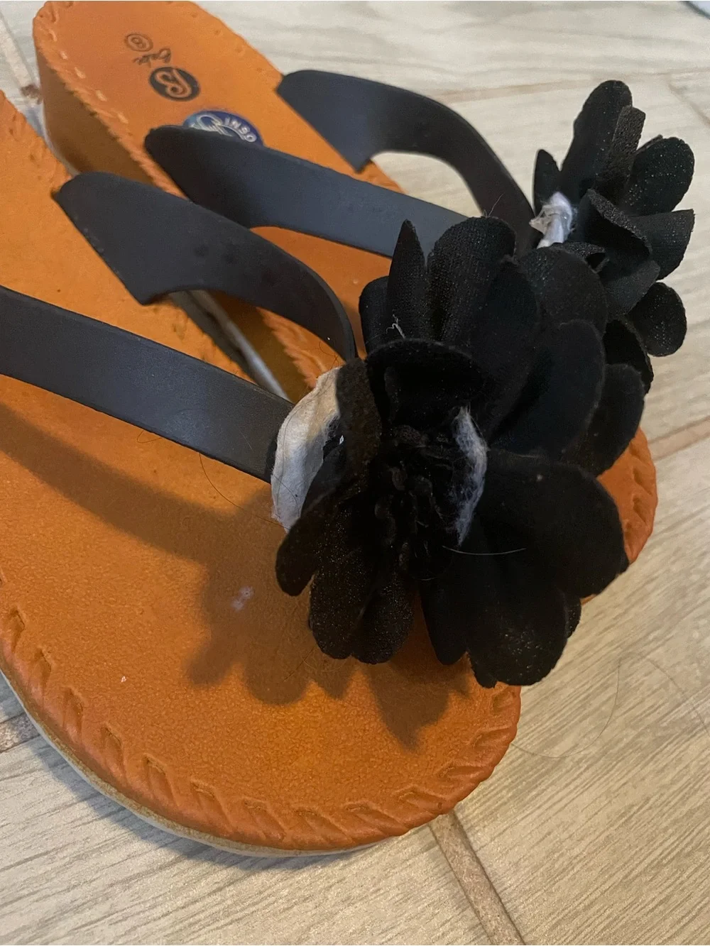 Women’s Black Floral Toe-Post Sandals with Tan Footbed